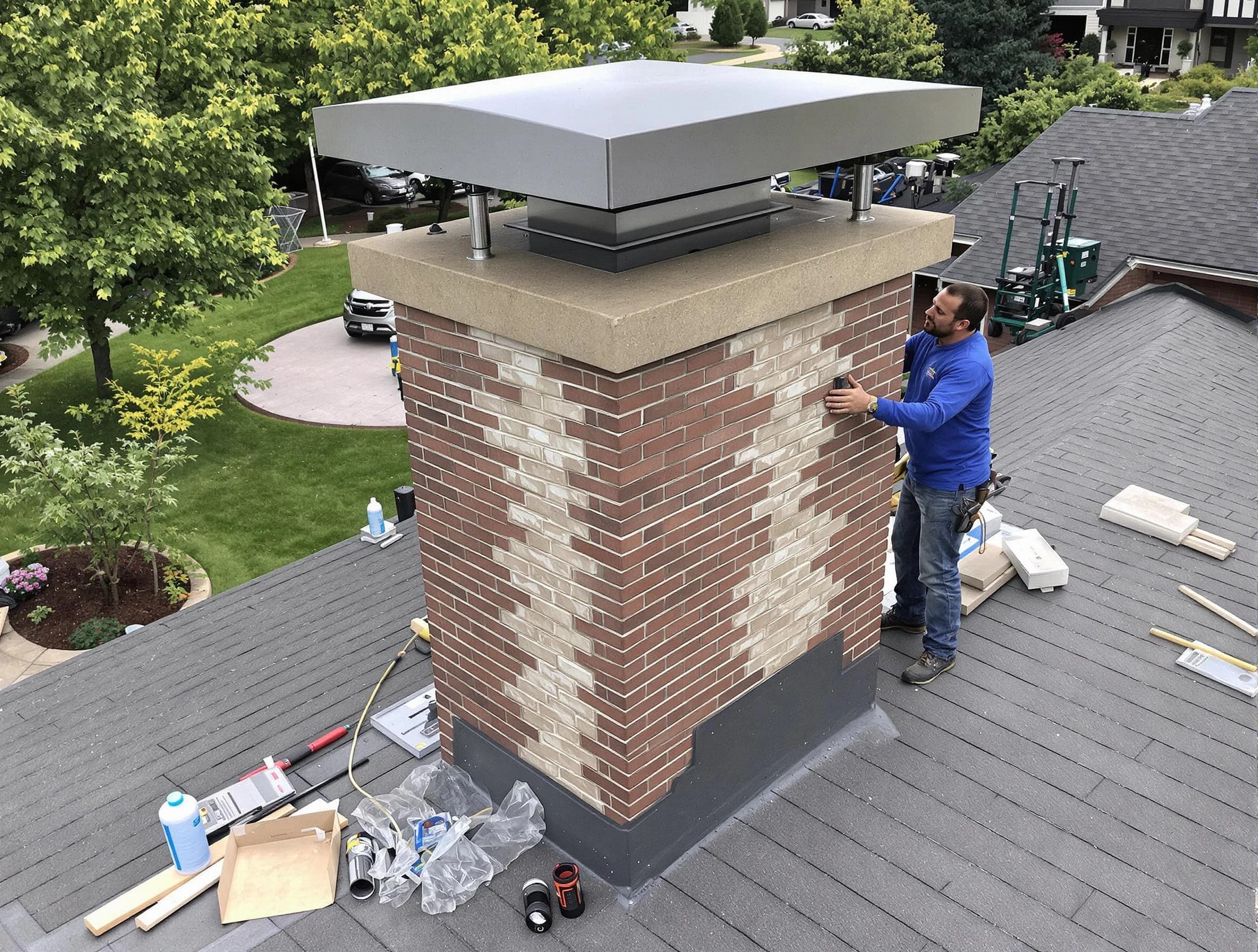 Bon Air Chimney Sweep team working on a custom chimney remodel in Bon Air, VA